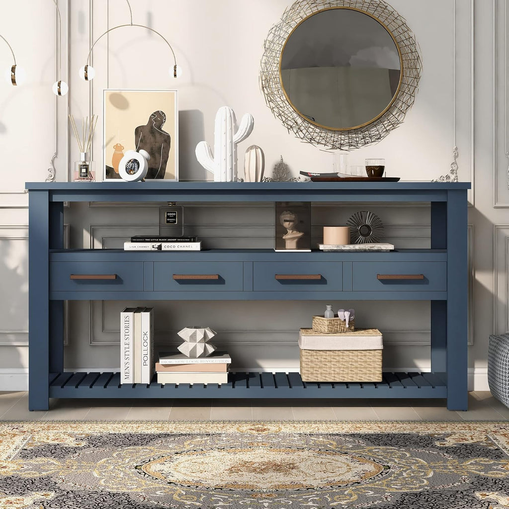 LKTART Console Table for Entryway with 4 Drawers,61.5'' Long Sofa Table with 3-Tier Open Shelves,Entry Table for Hallway,Foyer,Living Room,Navy Blue