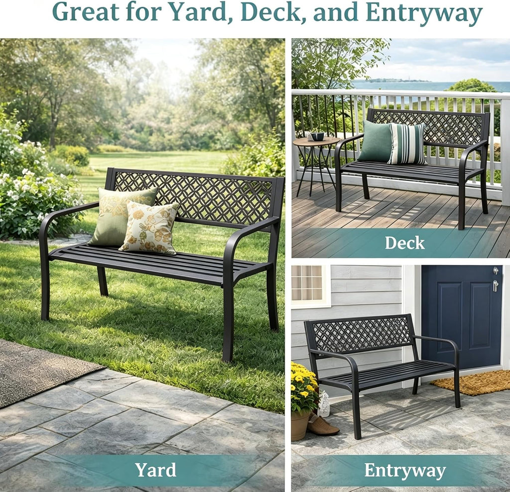 Heavy Duty Black Metal Patio Garden Bench for 2 – Durable Steel, Weather Resistant – Geometric Backrest – Ideal for Garden, Lawn, Yard Seating – Black