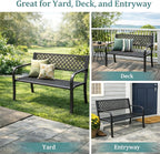 Heavy Duty Black Metal Patio Garden Bench for 2 – Durable Steel, Weather Resistant – Geometric Backrest – Ideal for Garden, Lawn, Yard Seating – Black