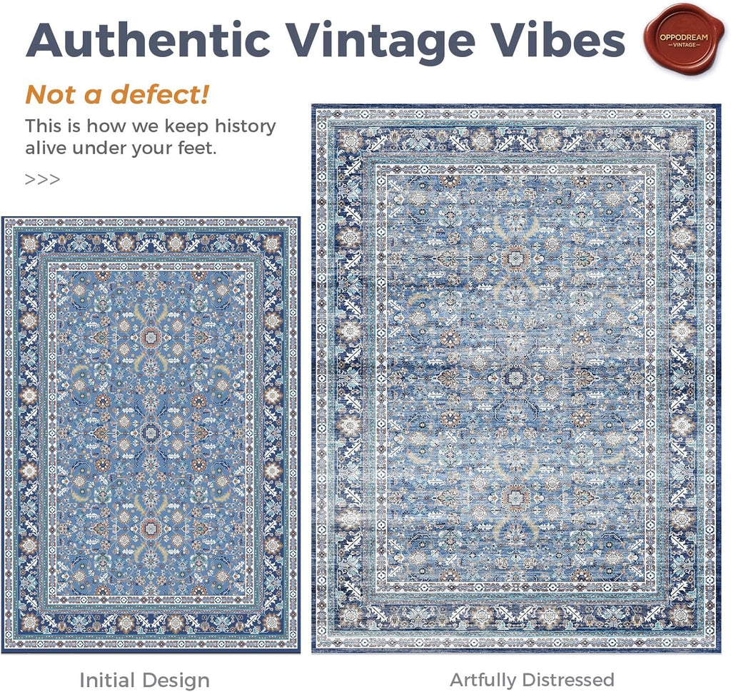 OPPODREAM Vintage Blue Area Rugs 5x7, 5 x 7 Retro Washable Rug Non Slip, Low-Pile Faux Wool Carpet, Distressed Navy Floor Mat for Living Room, Bedroom, Kitchen, Office, Dorm, Dinning Room