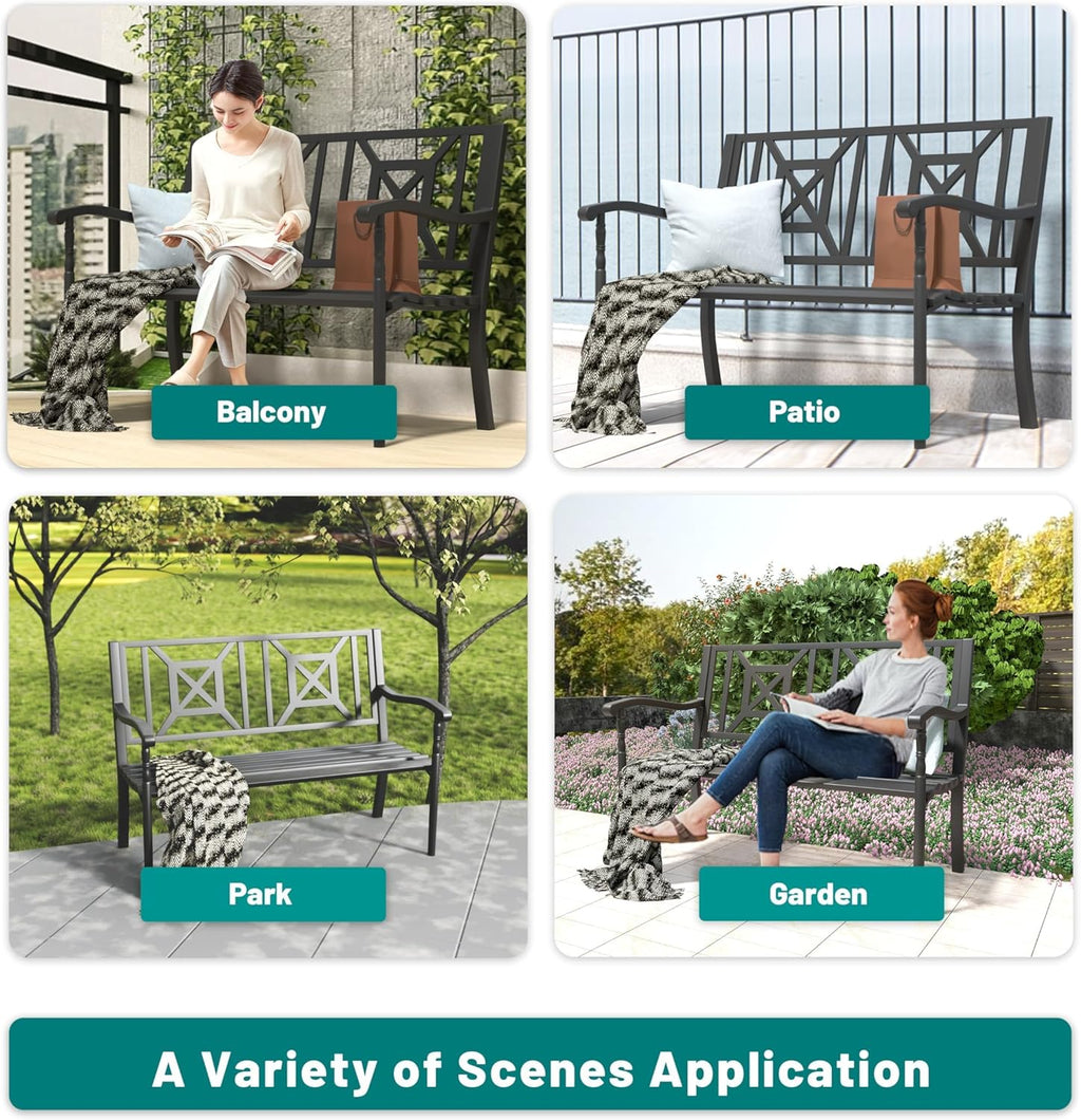 Metal Bench Patio Bench, Outdoor Benches Weatherproof with Lattice Backrest, Wrought Iron Garden Benches for Outdoors, Patio, Garden, Park, 2 Pack