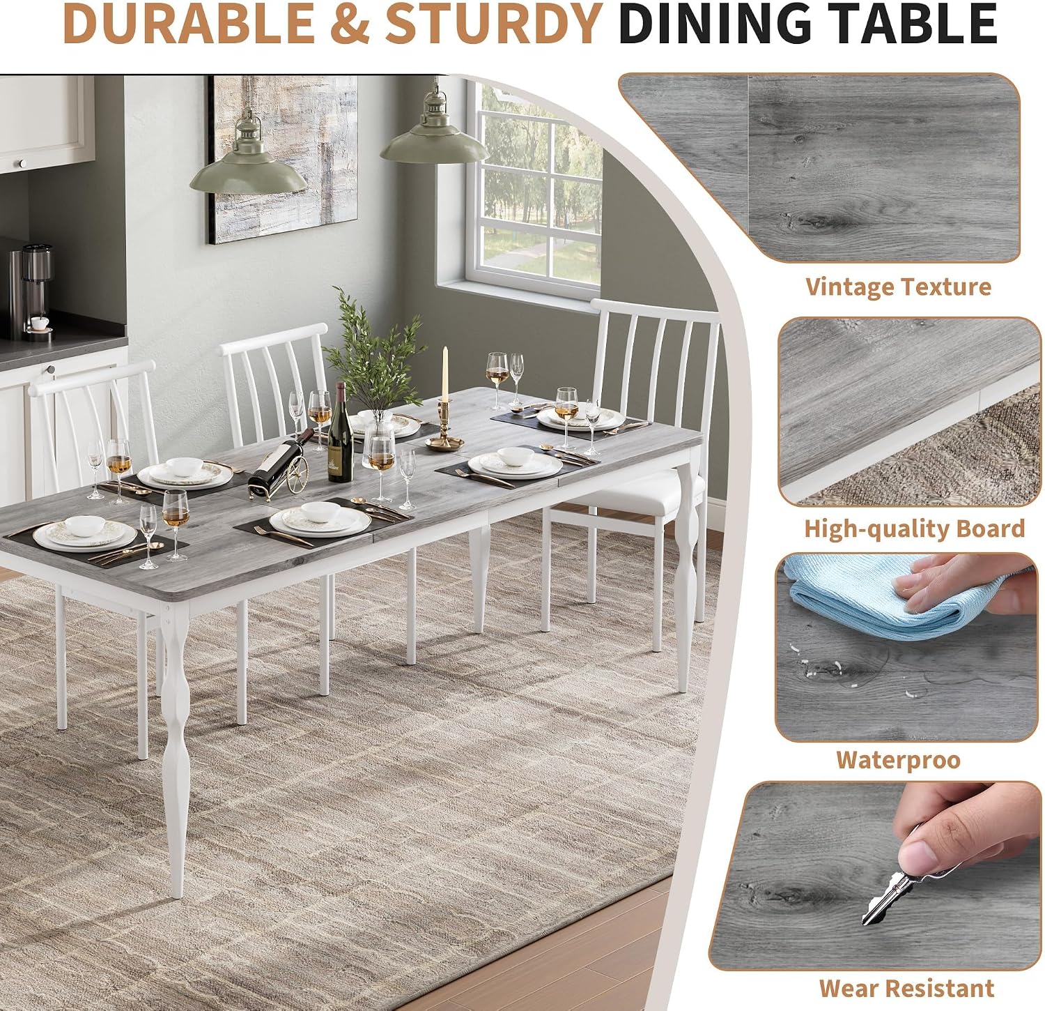 IDEALHOUSE Dining Table for 6, 71 Inch Rectangular Kitchen Table, Rustic Farmhouse Dining Room Table with Large Tabletop and Heavy-Duty Legs, Ideal for Dining Room or Kitchen, Gray