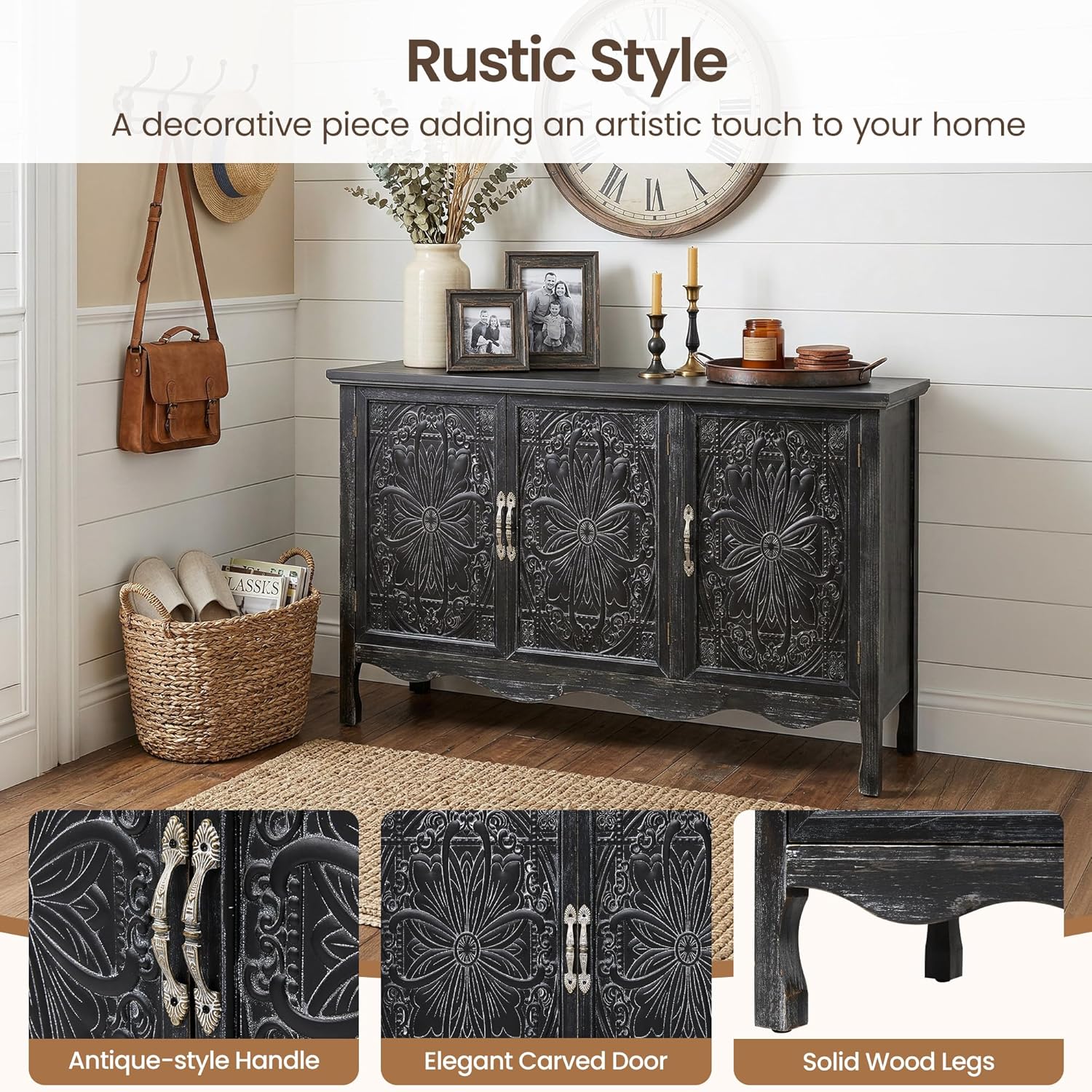 RoyalCraft Buffet Cabinet with Storage, Vintage Solid Wood Sideboard with 3 Carved Doors, Painted Coffee Bar Console Table for Dining Room, Living Room, Kitchen, Distressed Black