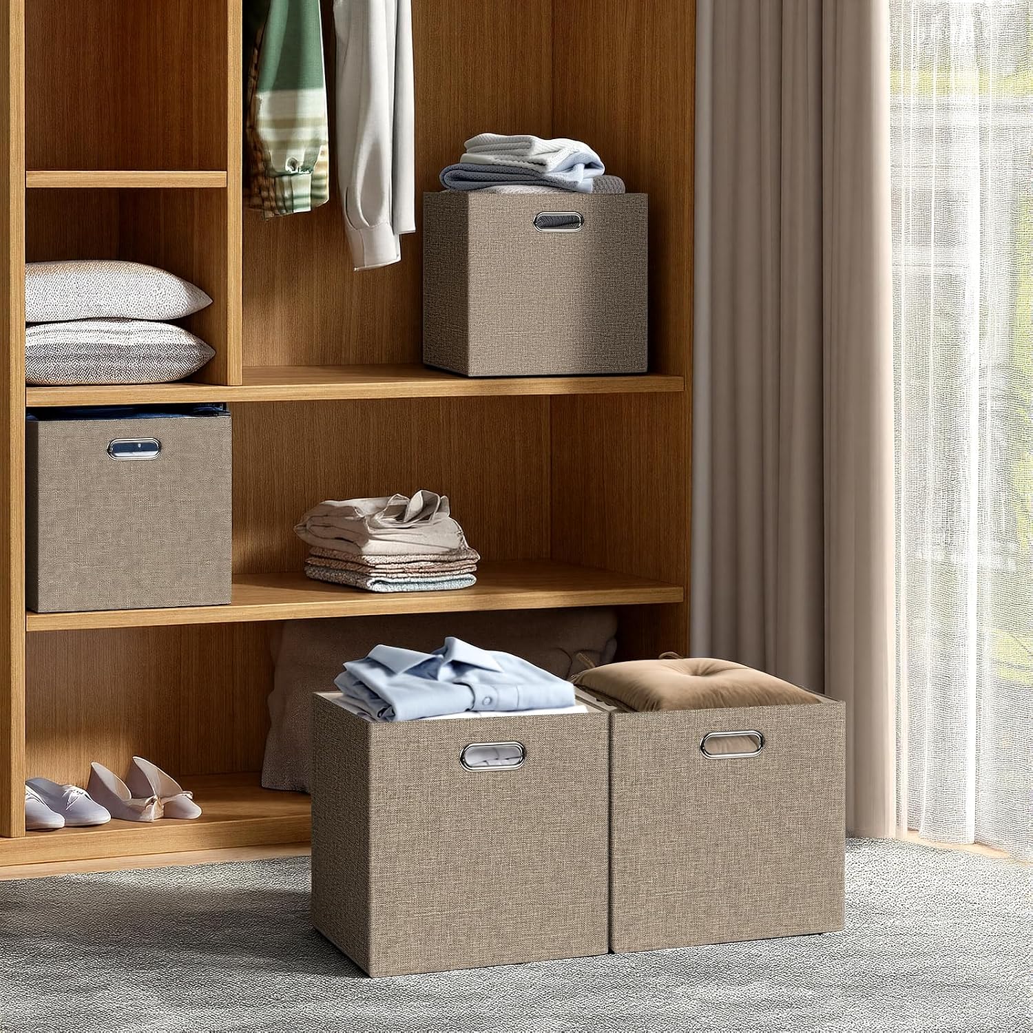 Posprica Collapsible Storage Bins,13×13 Foldable Storage Cube Boxes Fabric Drawer Fabric Storage Bins Vinyl Record Light Coffee, 4 Pack