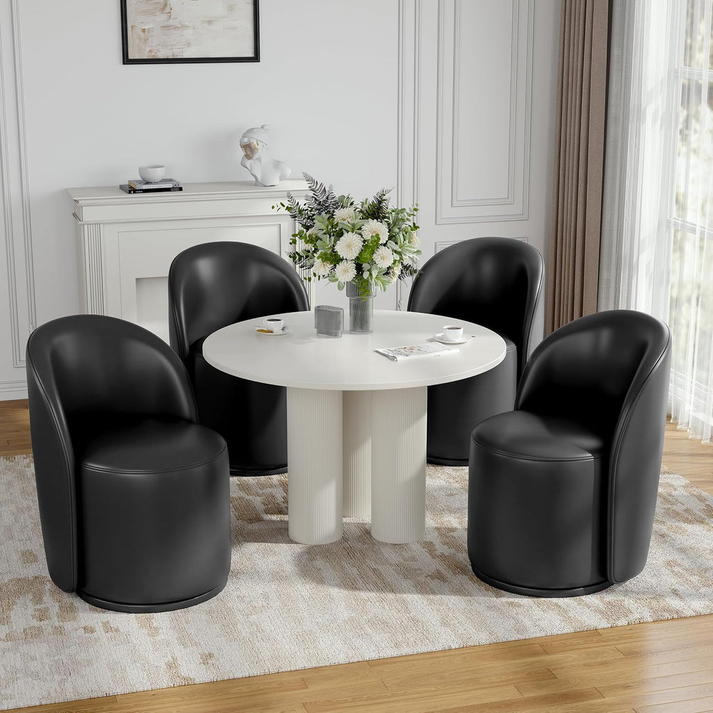 Lumibee Faux Leather Swivel Barrel Dining Chairs Set of 4, Modern Upholstered Round Dining Chairs with 360° Rotation, Comfy Armless Accent Makeup Vanity Chair for Dining/Living Room Kitchen, Black