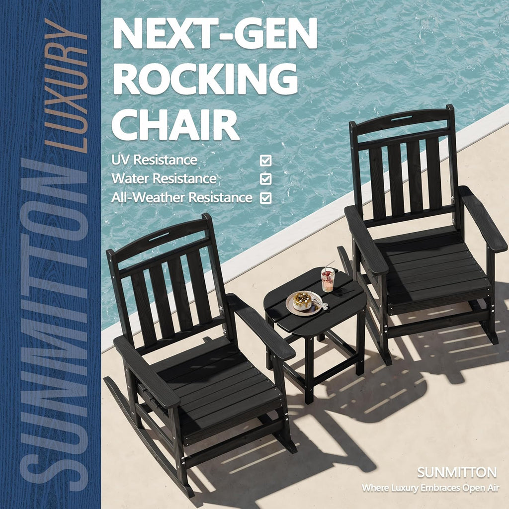 Outdoor Rocking Chair Oversized, HDPE All Weather Resistant Patio Rocker, 31.5" High Back 21.5" Deep Seat Oversized Porch Chairs for Lawn Garden Deck Balcony 400lbs Capacity(Black)
