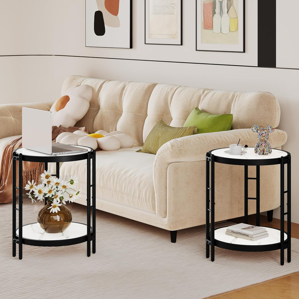 Alunaune Industrial End Table, 2-Tier Round Side Table, Small Modern Storage Shelf Metal Coffee Table Nightstand for Living Room Bedroom-White