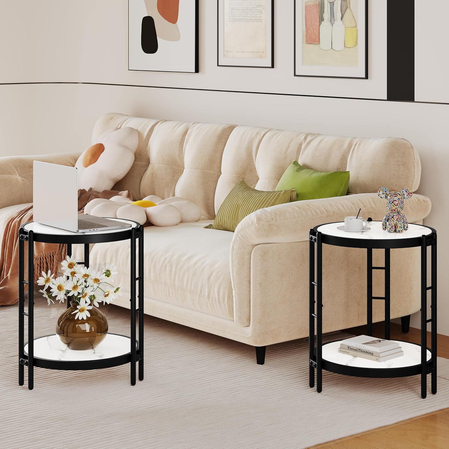 Alunaune Industrial End Table, 2-Tier Round Side Table, Small Modern Storage Shelf Metal Coffee Table Nightstand for Living Room Bedroom-White