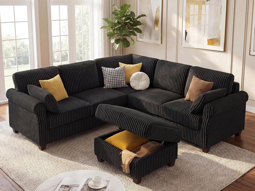 90.6" V-Shaped Modular Sectional Sofa with Storage Ottoman, 6-Seat Corduroy Corner Couch with Deep Seat, Oversized Upholstered Sectional for Living Room, Bedroom, Apartment