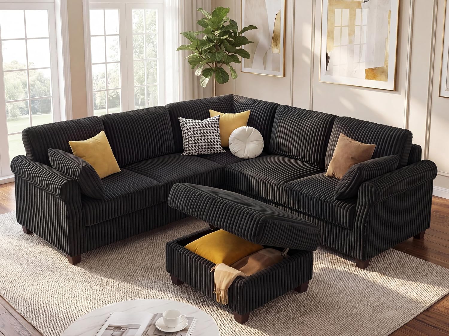 90.6" V-Shaped Modular Sectional Sofa with Storage Ottoman, 6-Seat Corduroy Corner Couch with Deep Seat, Oversized Upholstered Sectional for Living Room, Bedroom, Apartment