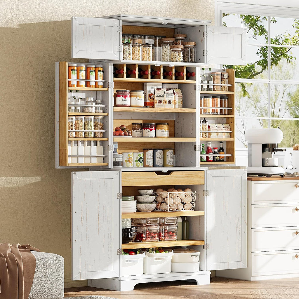78.2" Tall Farmhouse Kitchen Pantry Cabinet with 8 Door Shelves,Storage Cupboard with 4 Adjustable Shelves,Hidden Drawer,Wine Rack,for Dining & Bathroom (White-G)