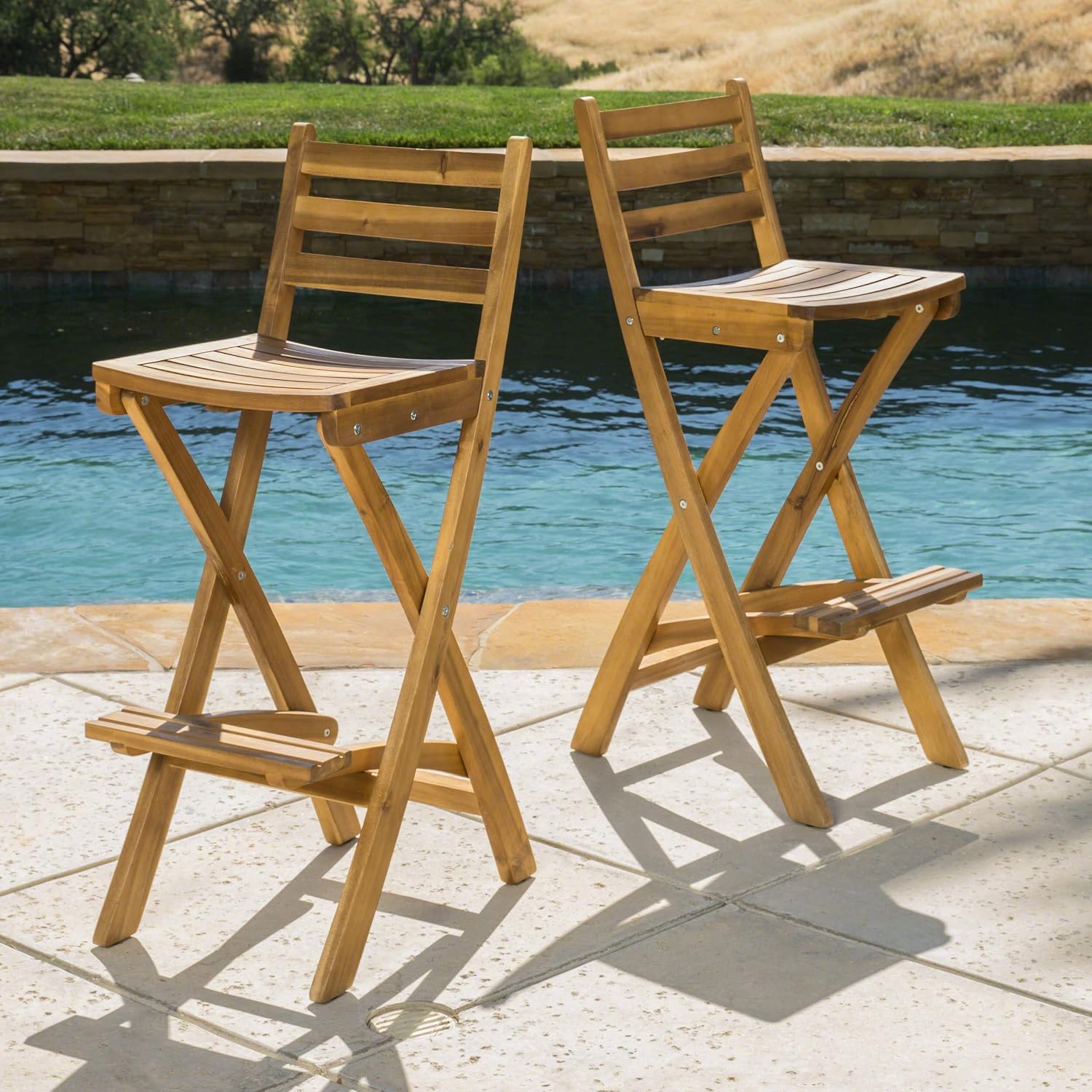 Christopher Knight Home Atlantic Outdoor Folding Wood Bar Stools | Acacia Wood Barstool Set of 2, 31" Seat Height, 2 PCS Outdoor Folding Chair for Garden, Porch, Poolside
