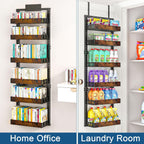 BUKFEN 6-Tier Over the Door Pantry Organizer, 2-in-1 Door Hanging or Wall Mounted Spice Rack with Adjustable Wooden Baskets, Heavy Duty Metal Storage Shelf, 12 Hooks for Kitchen, Bathroom, Closet