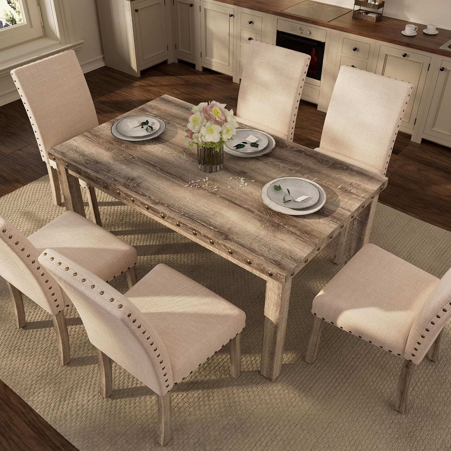 Morden Fort Farmhouse Style Dining Chairs Set of 2, Rustic Upholstered Kitchen & Dining Room Chairs with Rivet Detailing, Solid Wood Legs & Sturdy Wooden Chair Design for Comfortable Seating