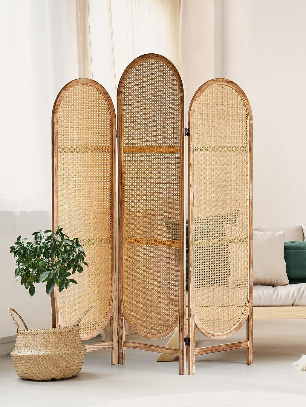 3 Panel Room Dividers and Folding Privacy Screens, Wooden Room Divider with Bi-Directional Hinge, Pre-Assembled Hand-Made Rattan Privacy Dividers for Balcony, Bedroom, Hotel Decorations
