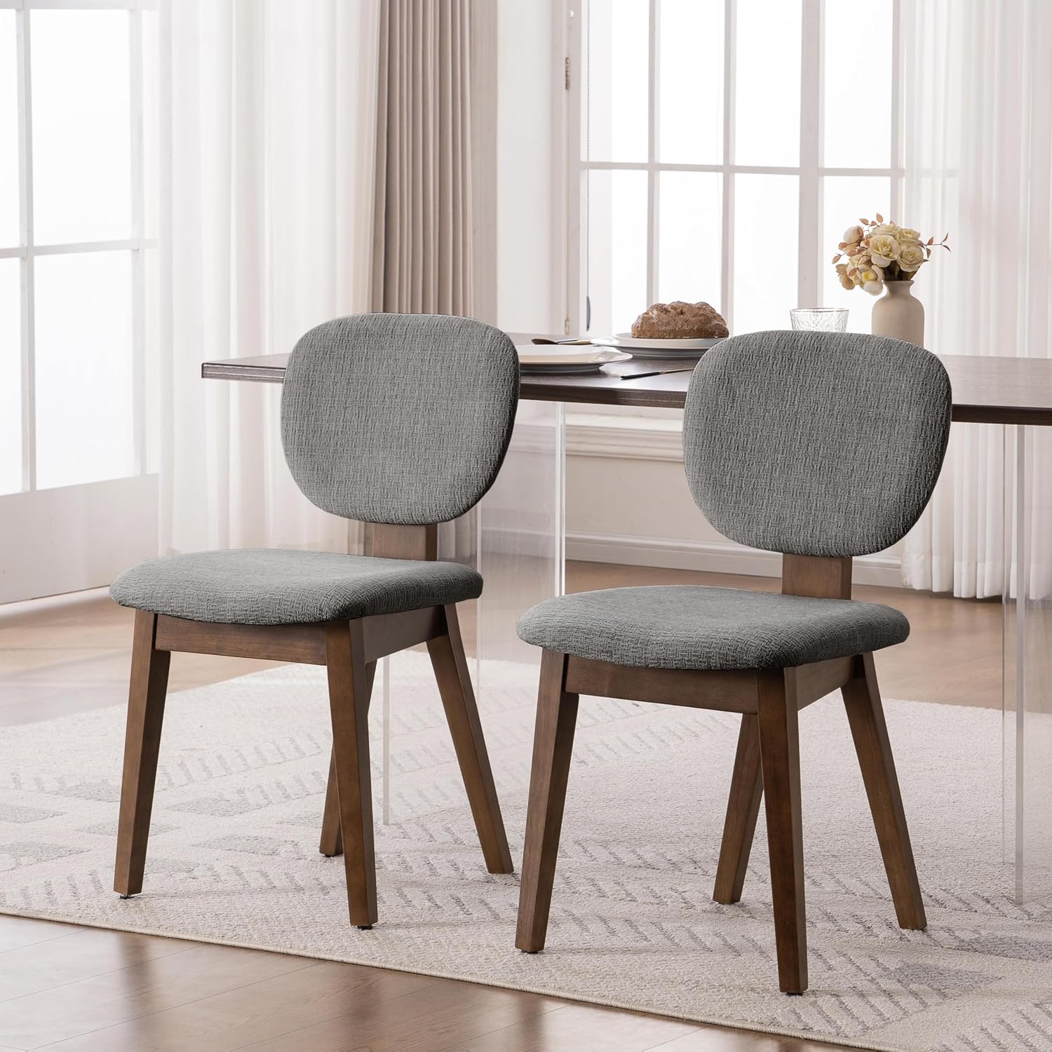 VKNOW Wooden Dining Chairs Set of 6, Mid Century Modern Upholstered Kitchen Side Chairs, Chenille Dining Room Chair with Curved Seat Backrest for Home Dining Room, Grey