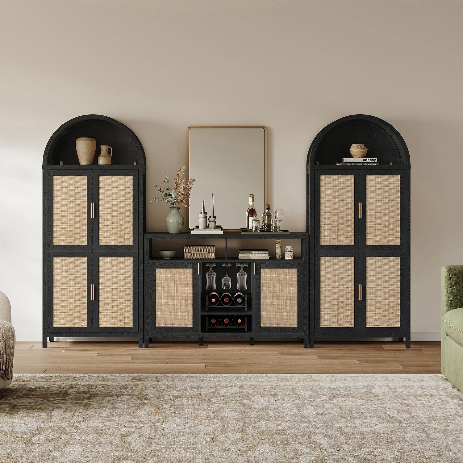 SICOTAS Rattan Coffee Bar Cabinet with Wine Racks & Metal Stemware Holders | 51" Sideboard Buffet Cabinet with Storage, Modern Liquor Cabinet Boho Credenza Buffet Table for Living Dining Room, Black Oak
