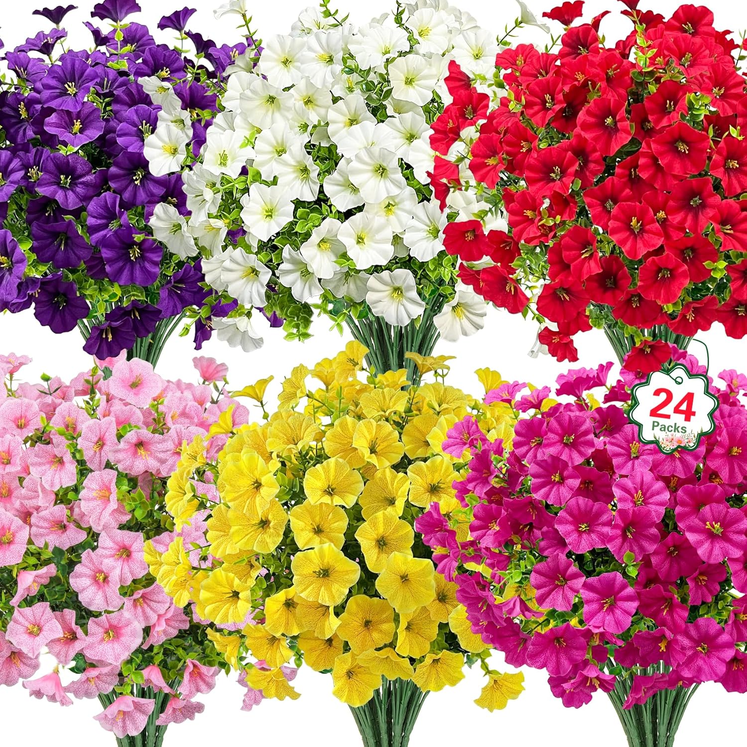 Ouddy Decor 24 Bundles Artificial Flowers for Outdoors, Fake Petunias Flowers Silk Morning Glory with Eucalyptus Faux Plants for Indoor Outside Spring Summer Yard Garden Porch Home Decor, Multicolor