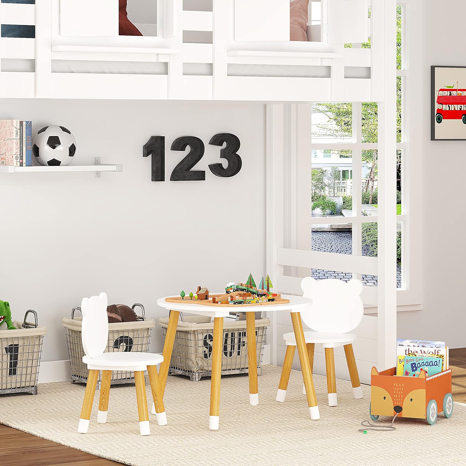 UTEX Kids Wood Table and Chair Set, Kids Play Table with 2 Chairs,3 Pieces Wood Round Table for Toddlers, Girls, Boys,White