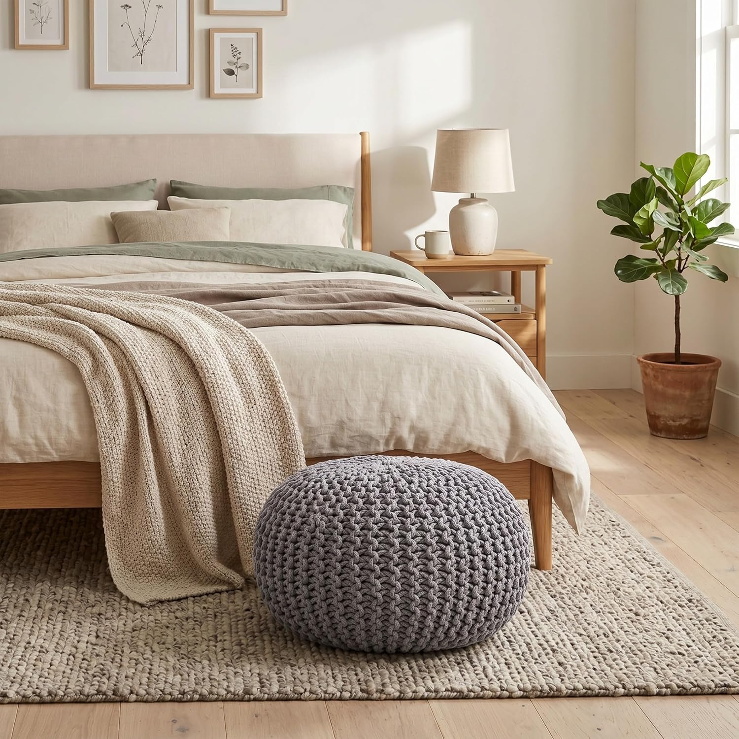BIRDROCK HOME Round Pouf Ottoman Foot Rest - 18.5”x18.5”x15” Boho Compact Comfortable Soft Cotton Braided Foot Stool with Bean Bag Filling for Living Room, Bedroom, or Nursery (Light Gray)