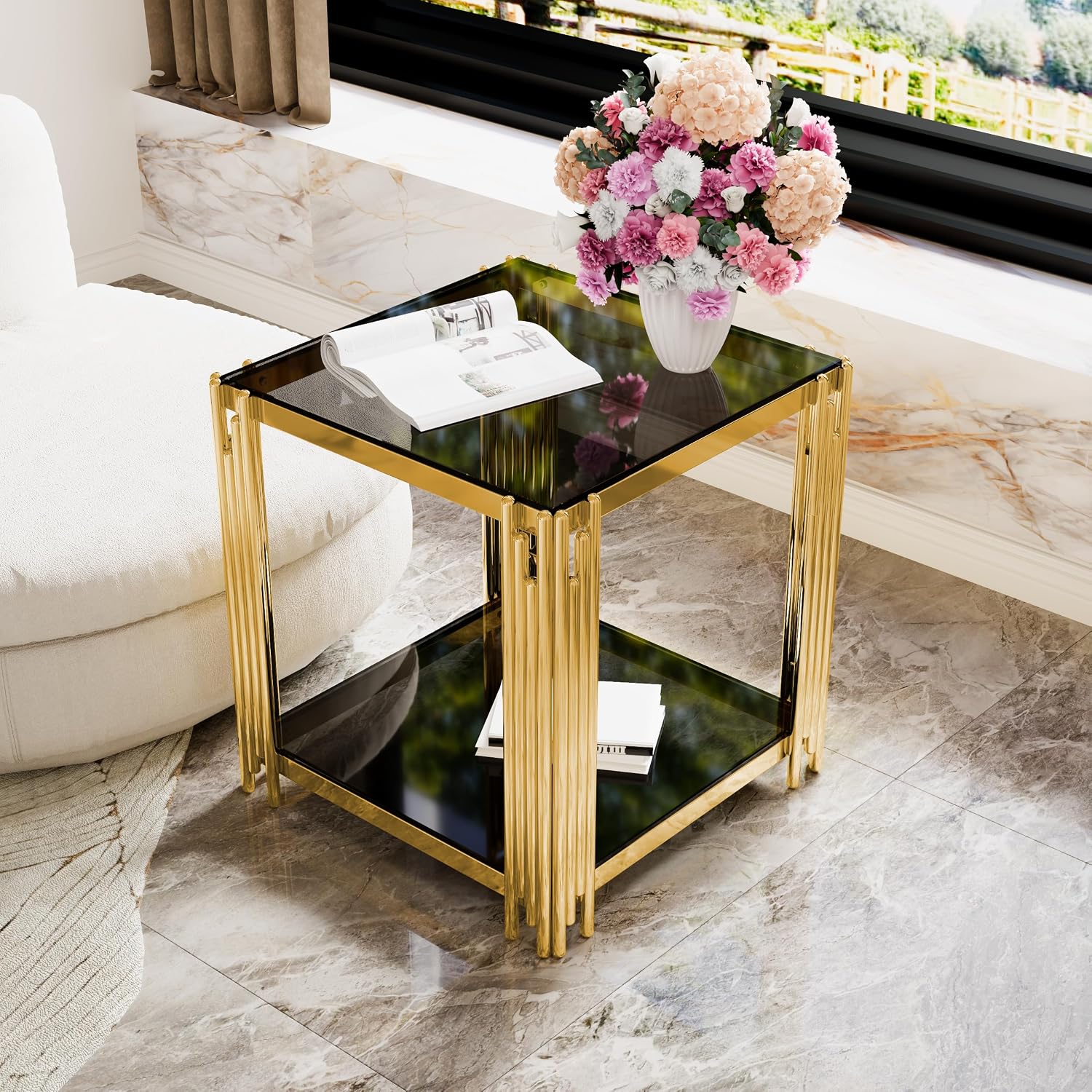 Black Mirror End Table for Living Room, Square,Asymmetrical Metal, Gold Lower Shelf, 19.9"