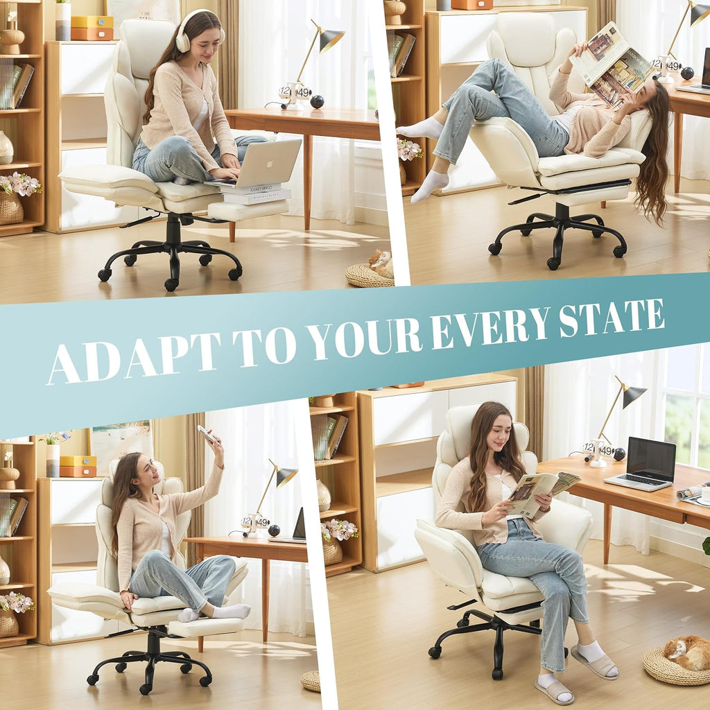 Flip Armrests Criss Cross Office Chair, Reclining Office Chair with Foot Rest, Adjustable Headrest, Massage Waist Pillow, Cross Legged Big and Tall Desk Chair Wide Seat Vanity Chair, PU Leather White