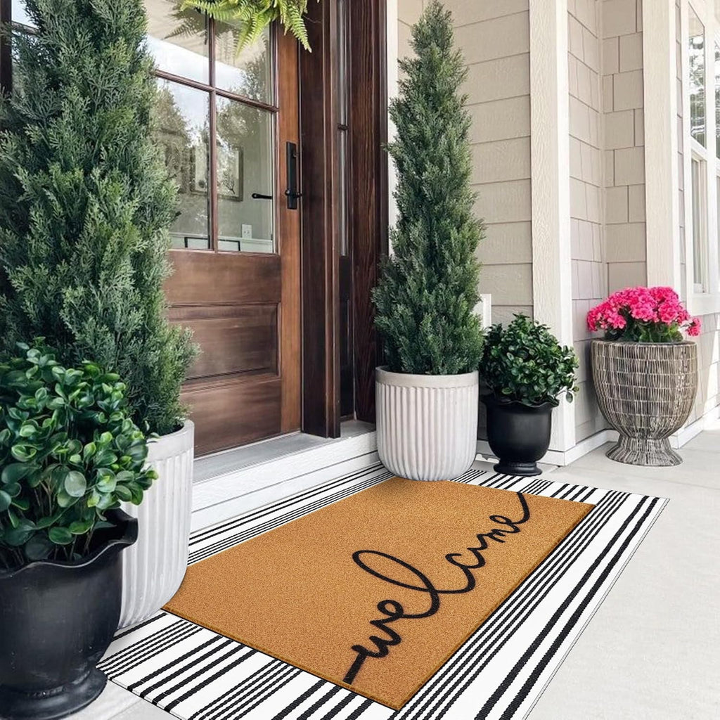 2 Pcs Summer Door Mat, Coco Coir Welcome Doormat with Black and White Striped Mats, Extra Thick & Non-Slip Backing for Farmhouse Front Porch Entryway, Seasonal Layered Porch Décor Floor Mat (Welcome)