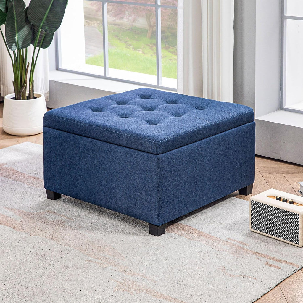 Round Storage Button Tufted Flip Top Ottoman in Deep Blue Velvet Fabric Comfortable Upholstery and Modern Design