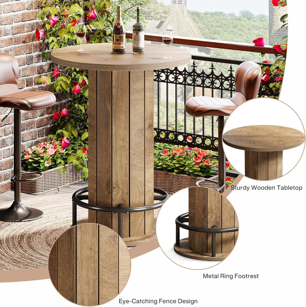 Tribesigns Round Bar Table, 39.4" H Wood Bistro Pub Table with Metal Ring Footrest for Dining Coffee Cocktail Living Room, Small Space, Light Brown (Only Table)