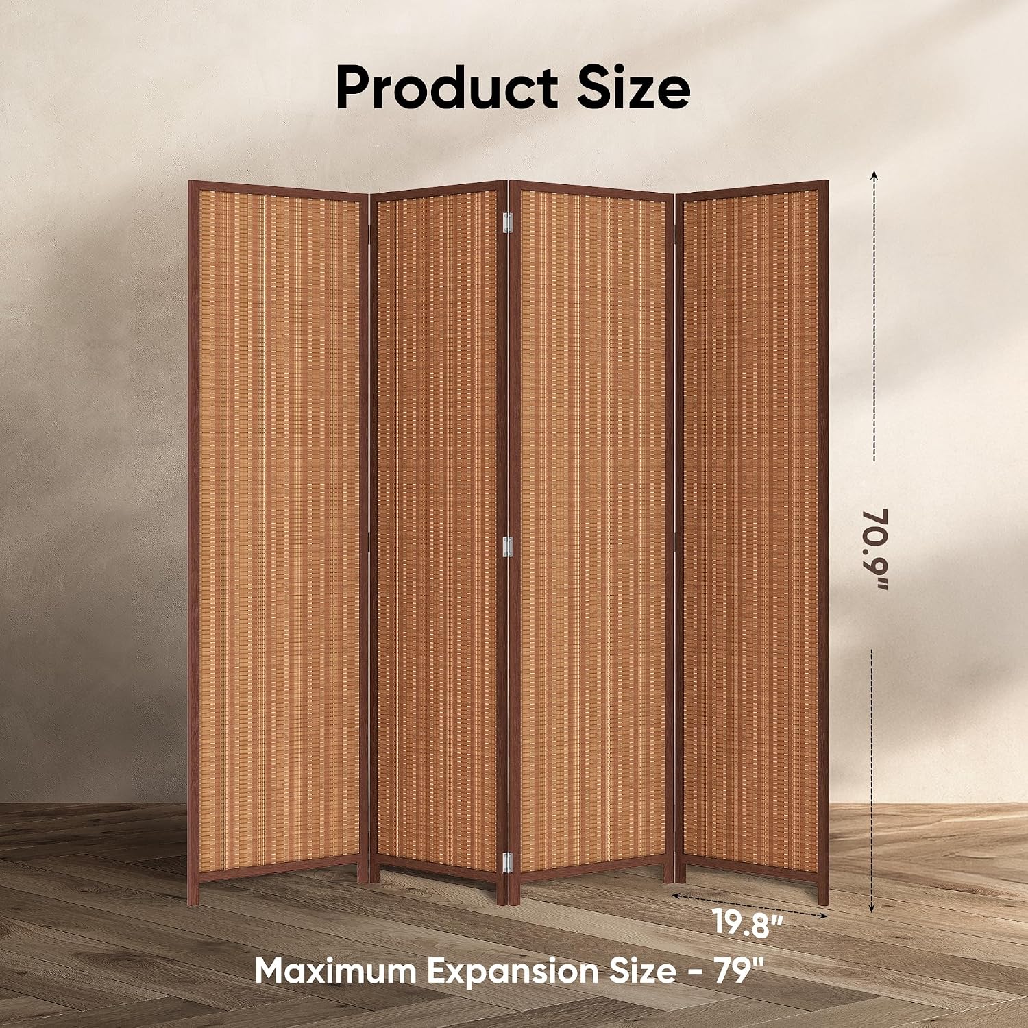 JOSTYLE 4 Panel Folding Privacy Screens 6ft Bamboo Freestanding Room Dividers, 70.9" H x 79" W