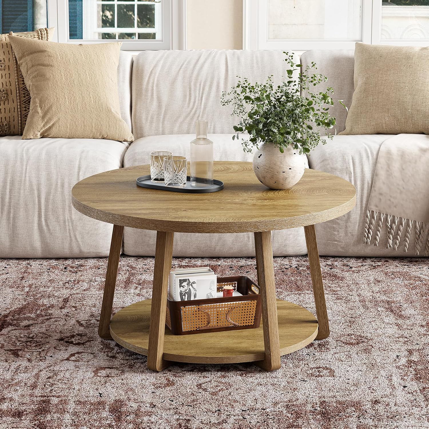 LITTLE TREE Round Coffee Table, 2-Tier Center Table with Storage | Wooden Legs, 31.5 Dia. x 19.6 H Inches, Easy Assembly, Circle Coffee Tables for Living Room, Bedroom