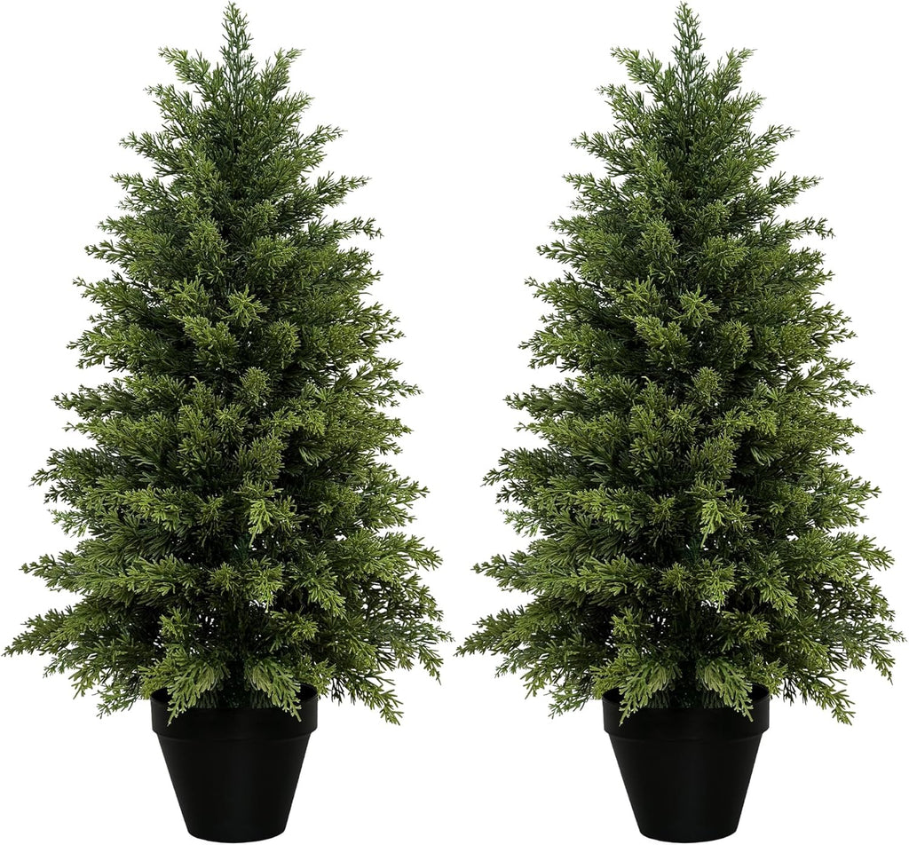 Mavis's Diary 3ft Artificial Cedar Topiary Tree, Set of 2 Realistic Faux Evergreen Shrub Plant in Planter, Indoor Outdoor Fake Cedar Tree for Front Porch, Entryway, Office & Home Decor