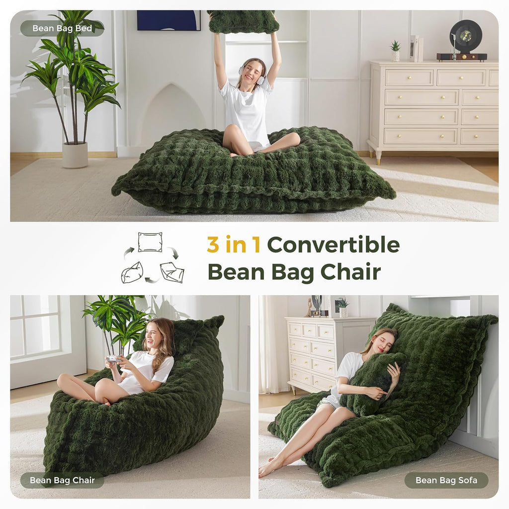 MAXYOYO Giant Bean Bag Chair with Pillow, 3 in 1 Convertible Bean Bag Chair | Removable Floor Cushion Stuffed Floor Lounger for Adults with Washable Cover, Lazy Chair for Living Room, Bubble Green, Full