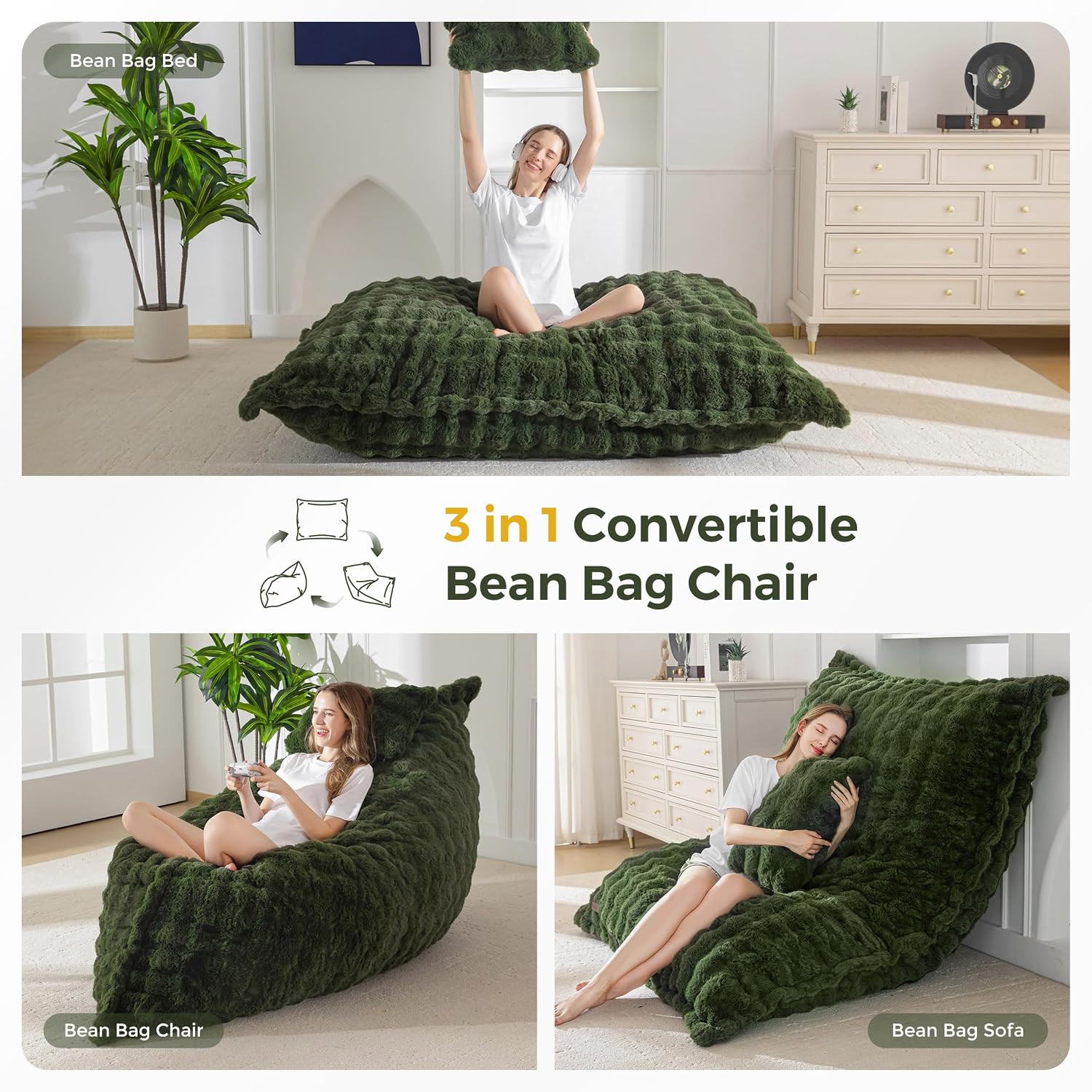 MAXYOYO Giant Bean Bag Chair with Pillow, 3 in 1 Convertible Bean Bag Chair | Removable Floor Cushion Stuffed Floor Lounger for Adults with Washable Cover, Lazy Chair for Living Room, Bubble Green, Full