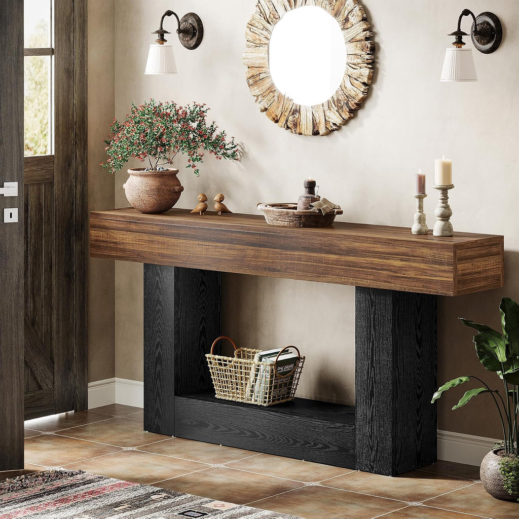 Tribesigns 63" Console Table, Farmhouse 2-Tier Entryway Table with U-Shaped Base, Narrow Long Wood Behind Couch Table for Living Room, Hallway, Foyer, Dark Brown & Black