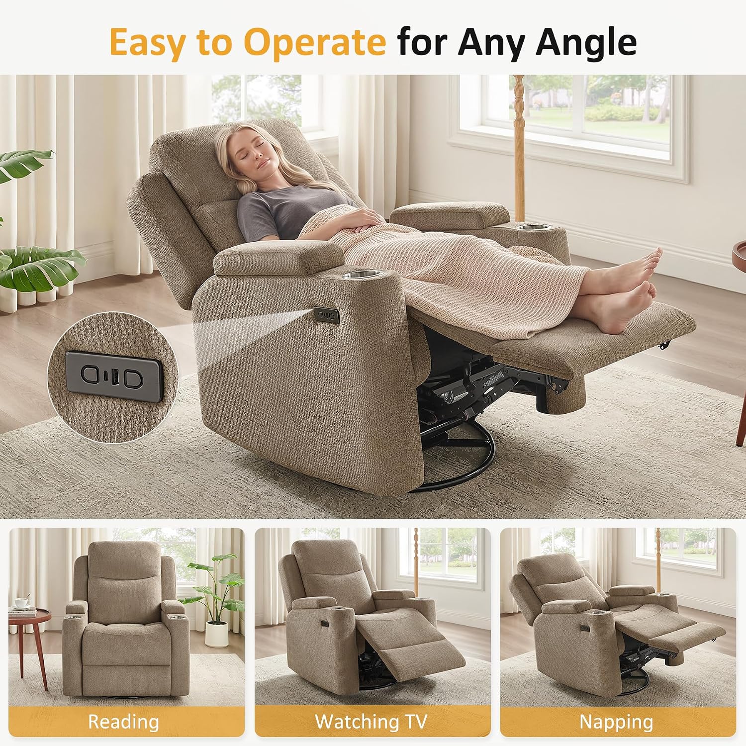 Oversized Nursery Rocking Chair Set of 2, 270° Swivel Glider Recliner Chair with USB & Type-C Ports, Cup Holders & Armrest Storage, Soft Chenille Nursery Chair for Living Room, Bedroom