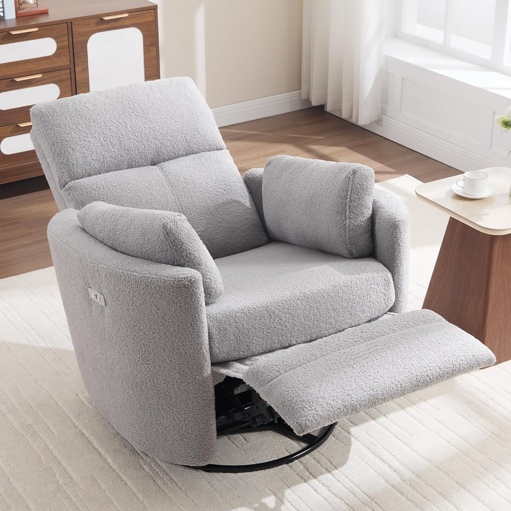 Power Recliner,Nursery Swivel Glider Rocking Chair with USB Port,Upholstered Adult Electric Recliner Rocking Chair with 2 Pillows for Living Room Bedroom(Lightgrey Teddy, Power-Driven)