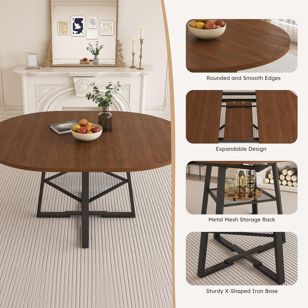 47-59" Round Dining Table Set for 6, Extendable Round Dining Table with Chairs, Wood Table and Chairs Set with Storage Shelf, Modern Dining Room Table Set for 6