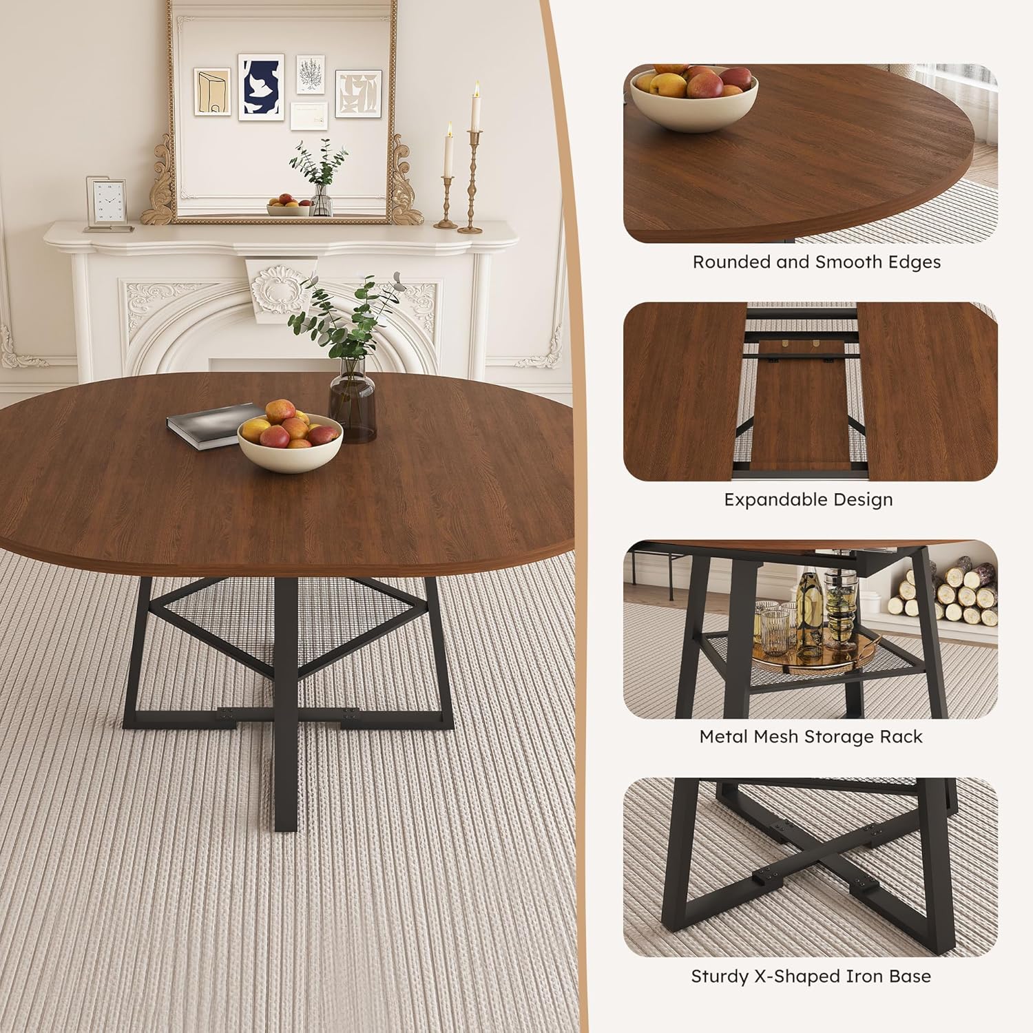 47-59" Round Dining Table Set for 6, Extendable Round Dining Table with Chairs, Wood Table and Chairs Set with Storage Shelf, Modern Dining Room Table Set for 6