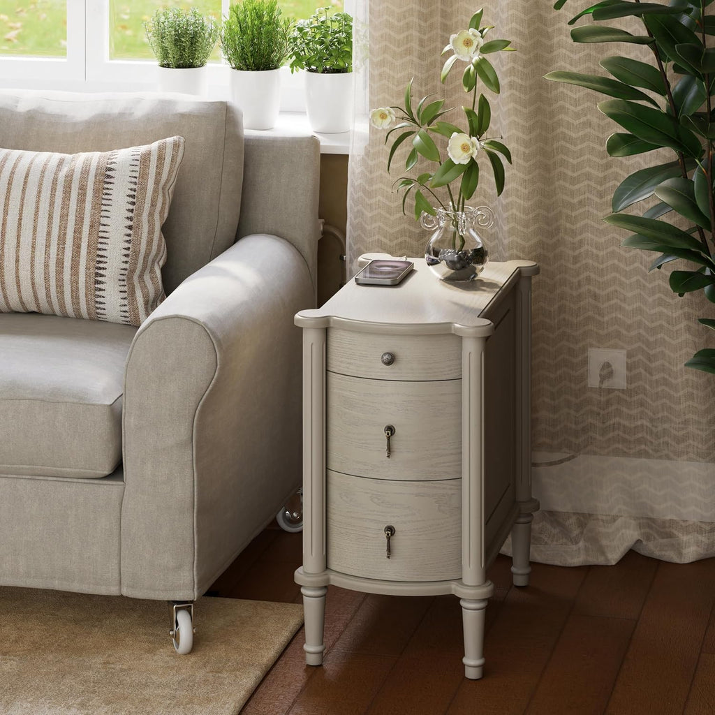 COZAYH Farmhouse 3 Drawer Nightstand with Charging Station, Bedside Table with Vintage Bronze Handles for Bedroom, Almost Fully Assembled, Solid Pine Legs, Distressed Finish, Rustic Gray