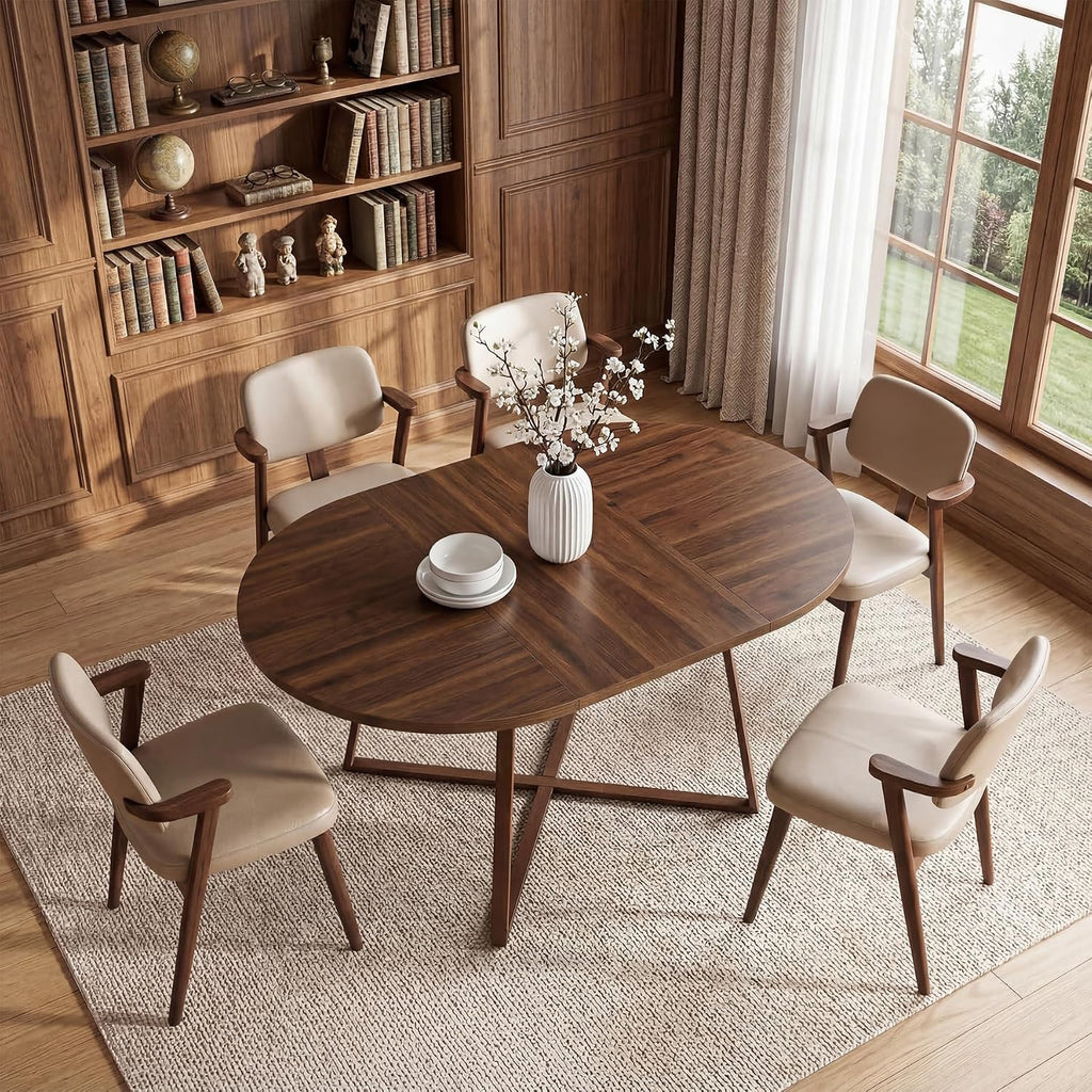 LITTLE TREE 59-Inch Oval Wooden Dining Table for 4-6, Kitchen Round Table with Metal Cross Base, Modern Farmhouse Dining Table for Small Space, Dining Room, Apartment, Living Room, Walnut (Table Only)