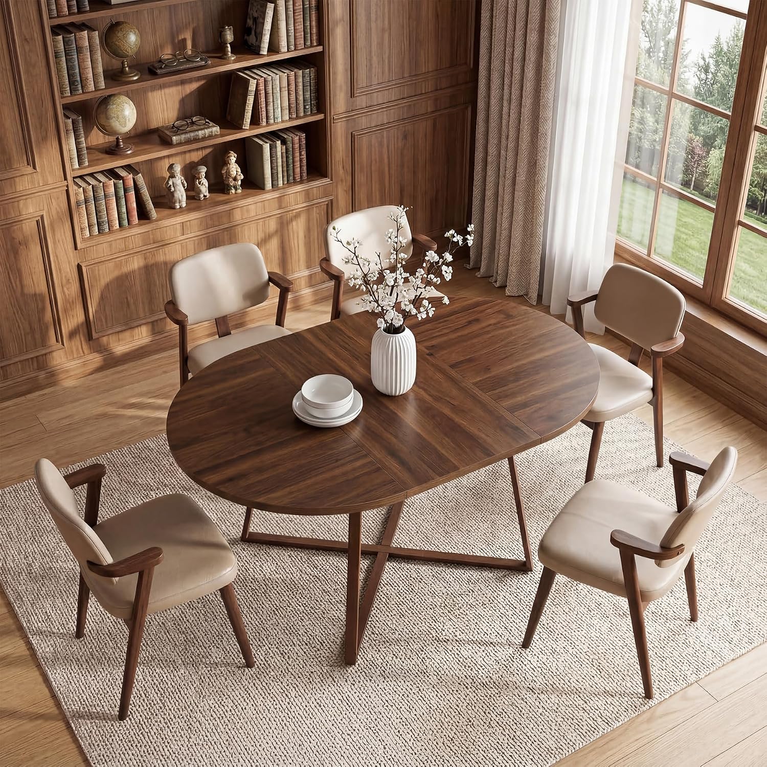 LITTLE TREE 59-Inch Oval Wooden Dining Table for 4-6, Kitchen Round Table with Metal Cross Base, Modern Farmhouse Dining Table for Small Space, Dining Room, Apartment, Living Room, Walnut (Table Only)