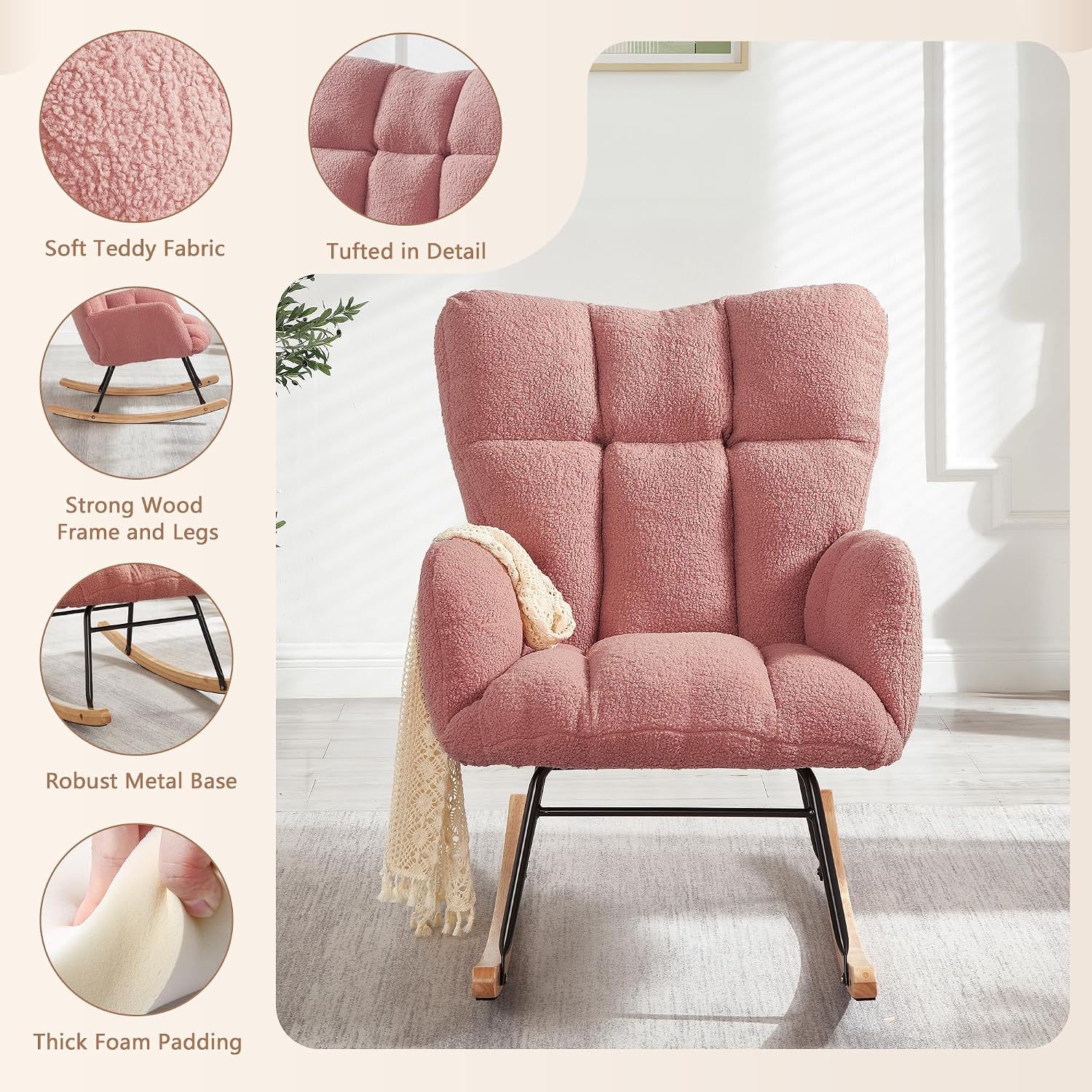Setawix Upholstered Rocking Chair with Arms for Nursery,Tufted Rocker Glider Chairs,Teddy Fabric Rocking Armchair,Mid Century Modern Accent Chairs for Living Room,Bedroom (Teddy Pink, 27.2")