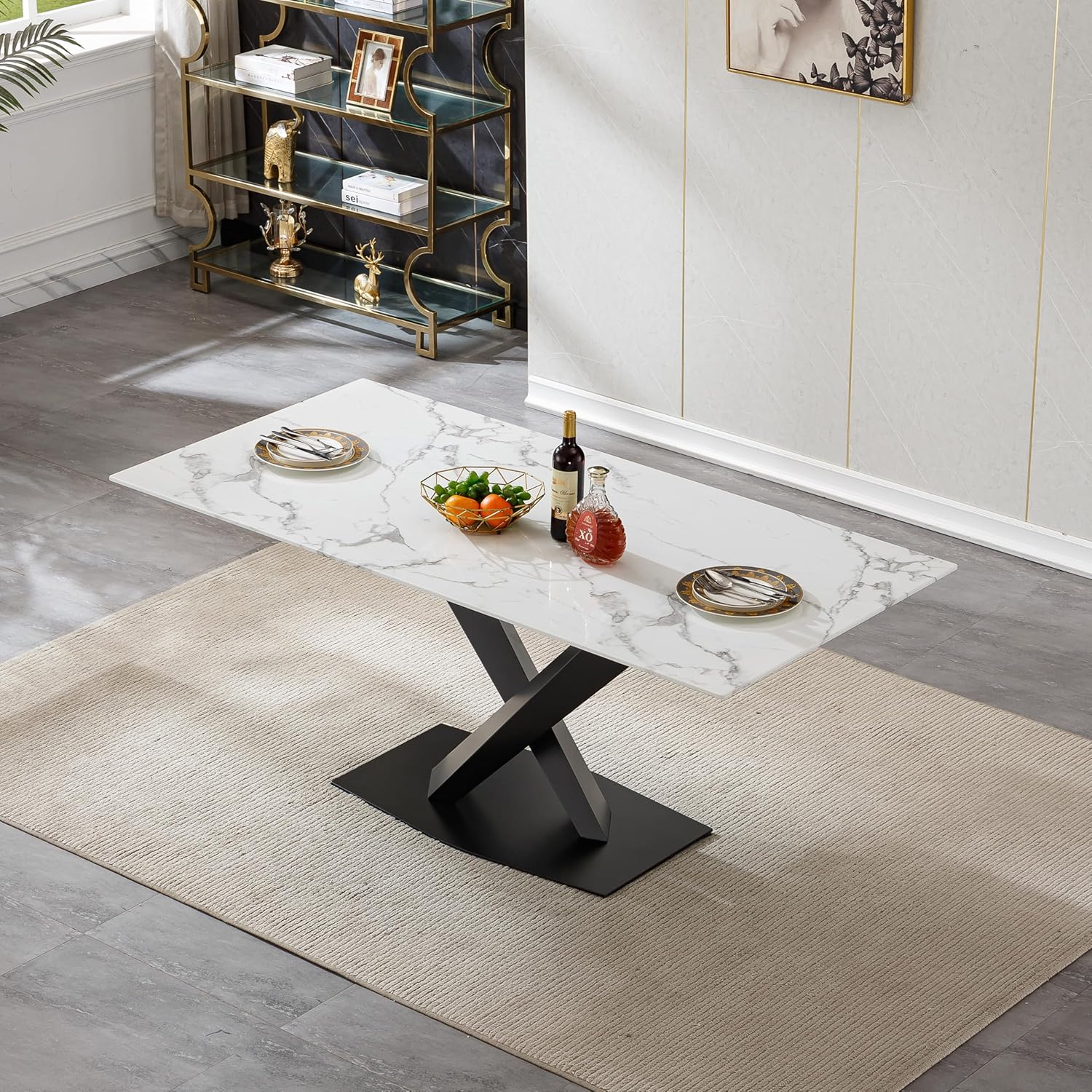 70in Faux Marble Dining Table for 6-8 Person, Modern White Kitchen Dining Room Table with Black X-Shape Carton Steel Pedestal Base, Large Rectangle Dinner Table for Kitchen Dining Room