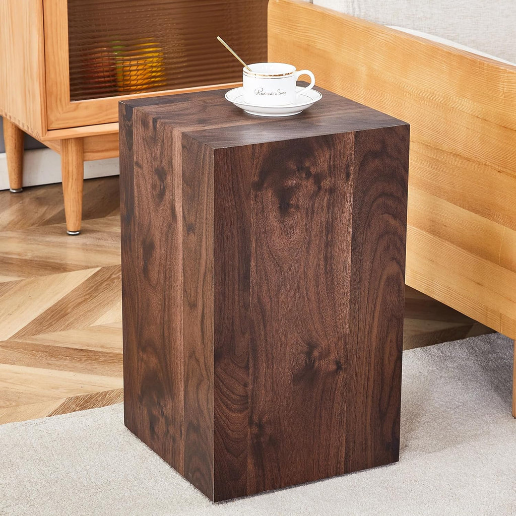 Modern Walnut Wooden End Table for Living Room, MDF Construction Square Sofa Side Table Small Nightstand for Home Apartment, 12 x 12 x 20 Inch, Easy to Clean, Non-Slip Feet Pad