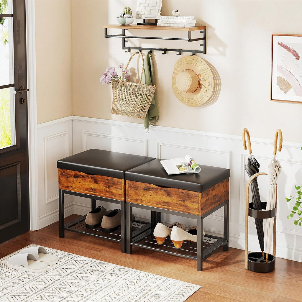 Small Shoe Storage Bench with Padded Seat, Vintage Brown Leather Top & Metal Frame Stool, Small Shoe Rack for Kids, Waterproof Durable Hallway Seat
