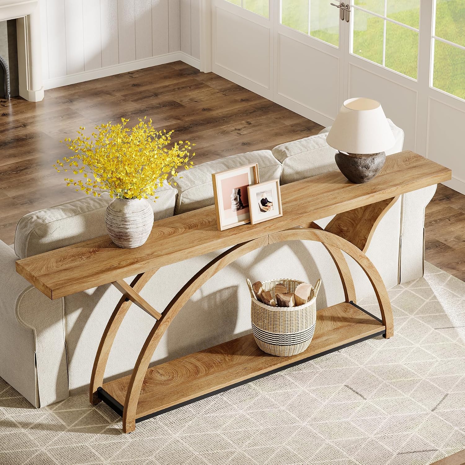 Tribesigns 70.87" Console Table, Industrial Sofa Table Behind Couch with 2 Tiers of Storage Shelves for Living Room, Hallway, Entrance, Foyer (Light Brown)