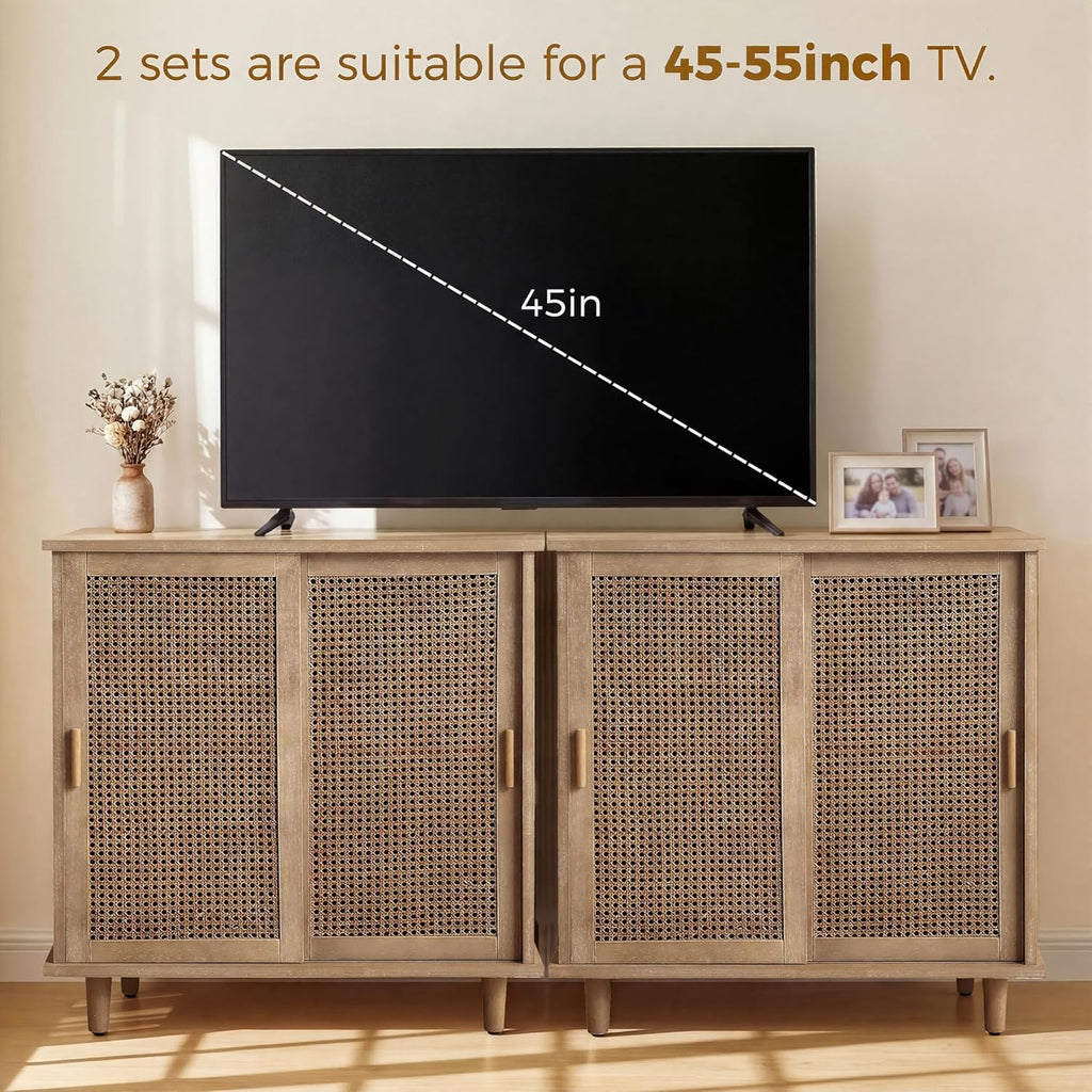 Fat Ant Sideboard Buffet Storage Cabinet, Rattan Credenza Buffet Table, Boho Console Accent Cabinet with Sliding Doors, Coffee Bar Cabinets for Kitchen Entryway Living Room, Natural