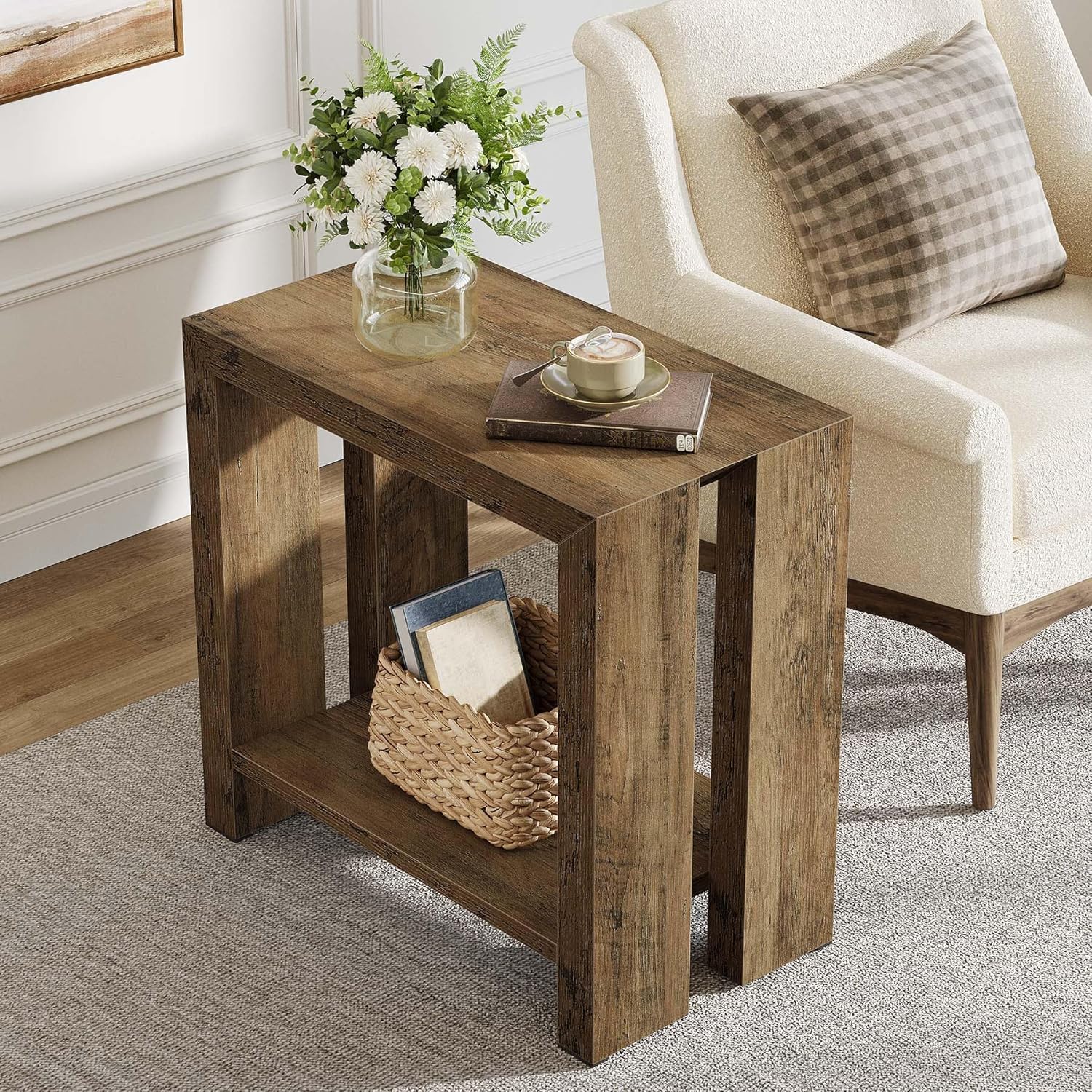 Tribesigns 2-Tier Narrow Side Table, Farmhouse Wooden Sofa End Table with Bottom Shelf, Skinny Accent Nightstand for Small Space, Living Room, Bedroom, Easy Assembly (1)