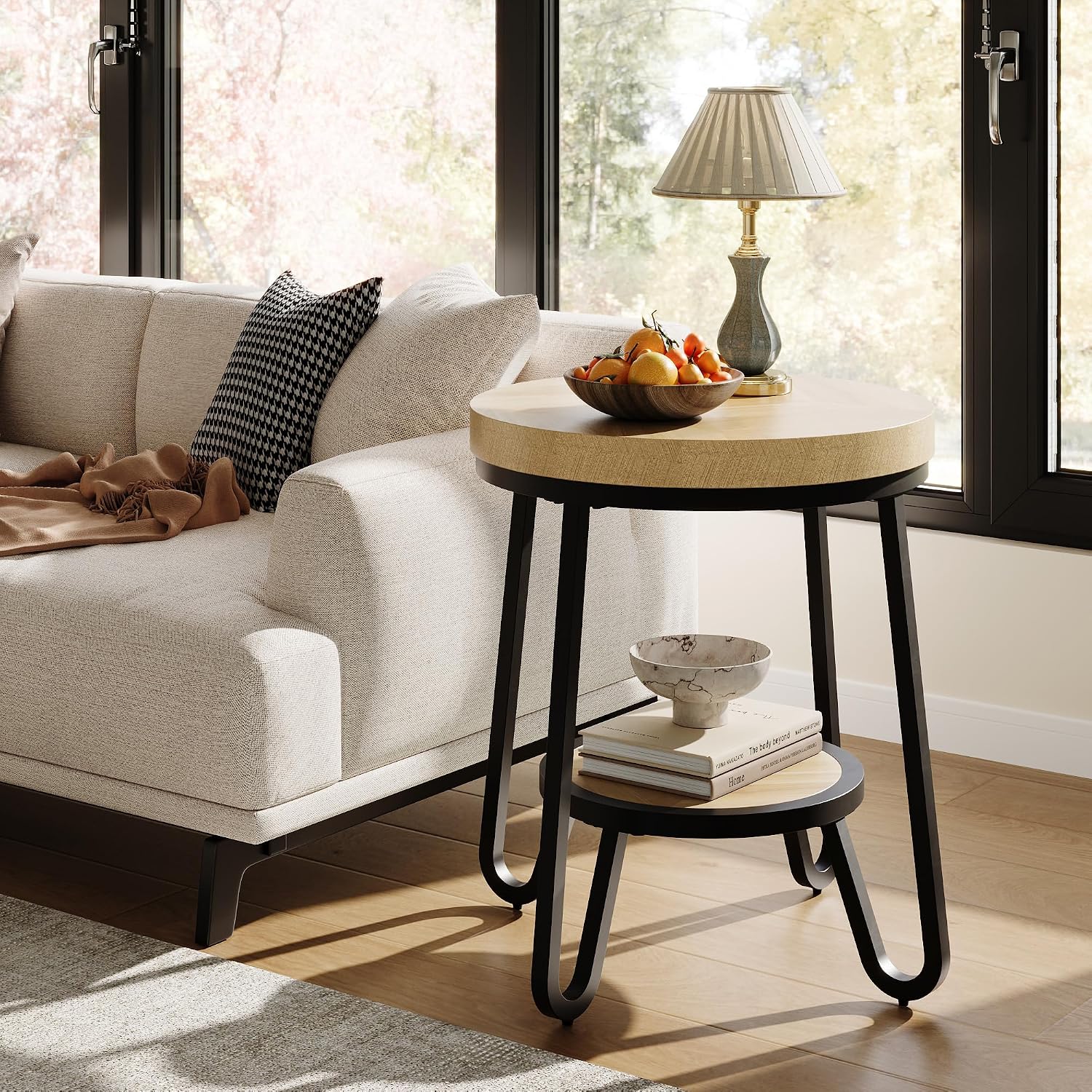 IRONCK Round Side Table, 2 Tier Industrial End Table with Storage Shelf, 19.7" Accent Bedside Table for Living Room, Bedroom, Small Spaces, Wood Tabletop & Curved Metal Legs, Light Brown
